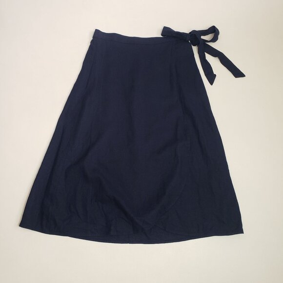 J.Crew Factory Petite Linen-Blend Faux-Wrap Skirt Women's PS Navy Linen Classic - Picture 4 of 16